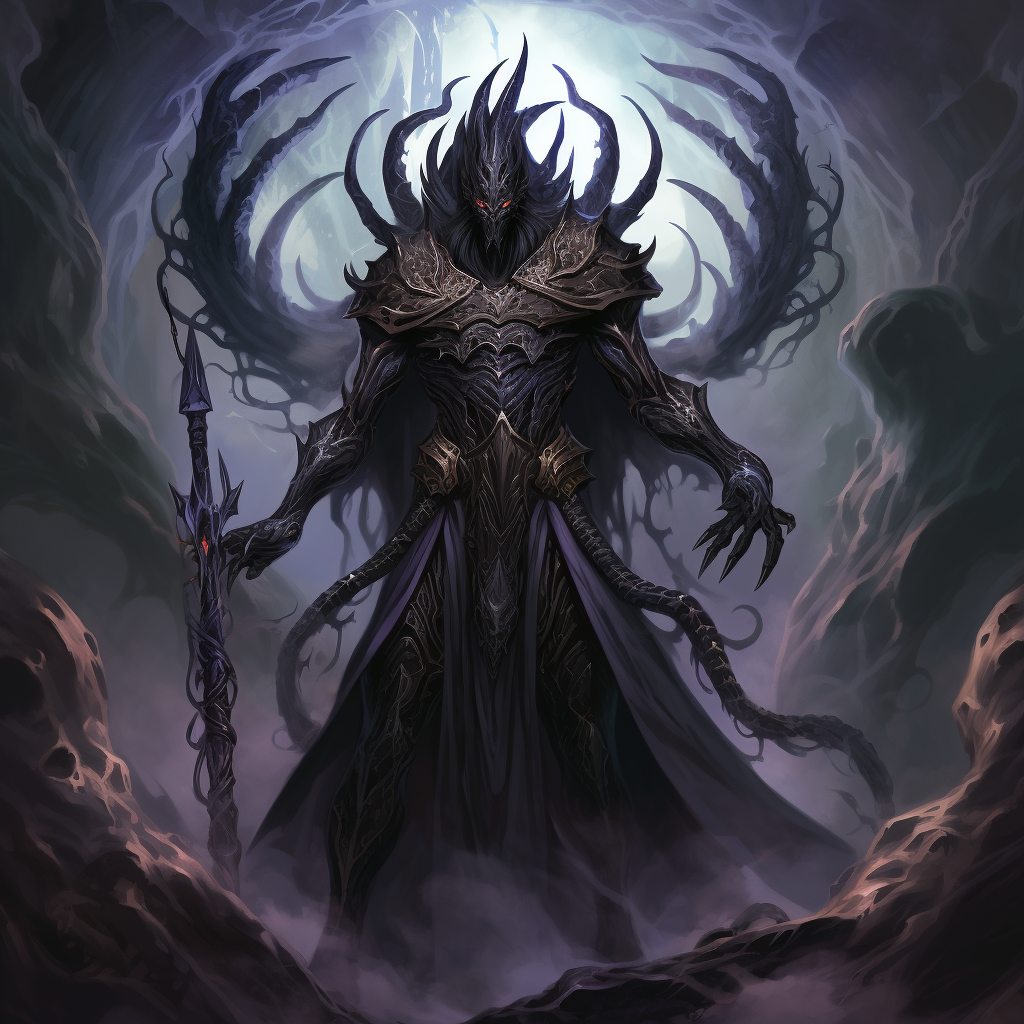 Ancient Primordial Cursed Void Demon King wielding runic weapons