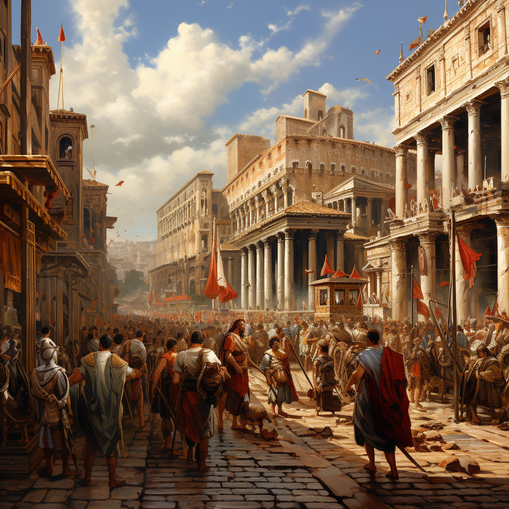 Vibrant depiction of Ancient Rome's bustling streets