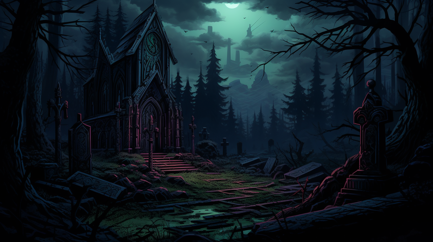 Dark forest shrine in evening