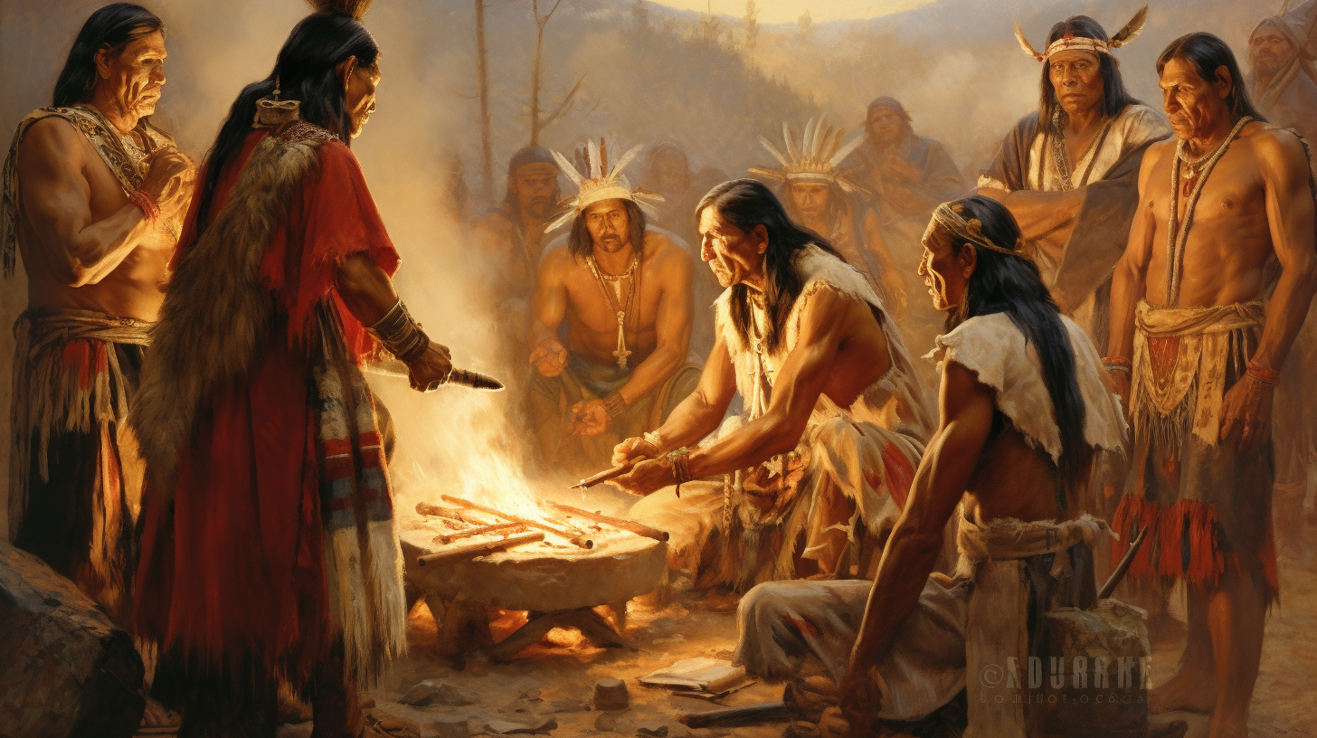 Ancient Spanish Army and Apache Native Americans making a deal