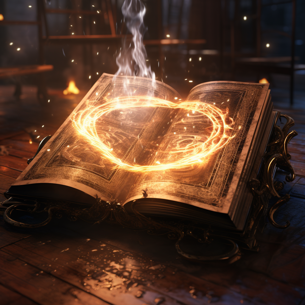 Glowing ancient spell book on table