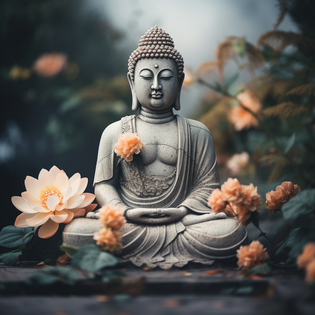 Serene Buddha Meditating Amongst Stone and Flowers