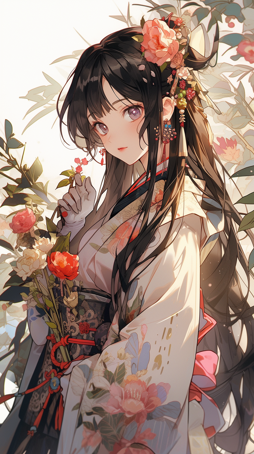 Ancient Style Girl with Scattered Flowers