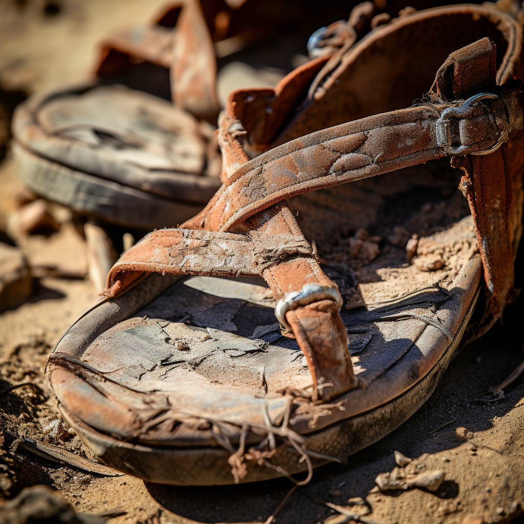 Aged worn-out Greek sandals on display