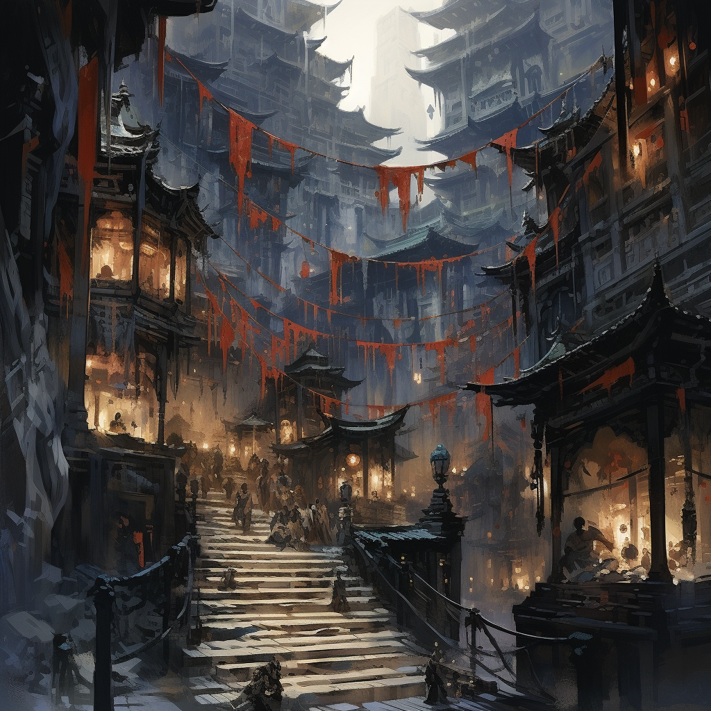 Grim gloomy ancient temple district concept art