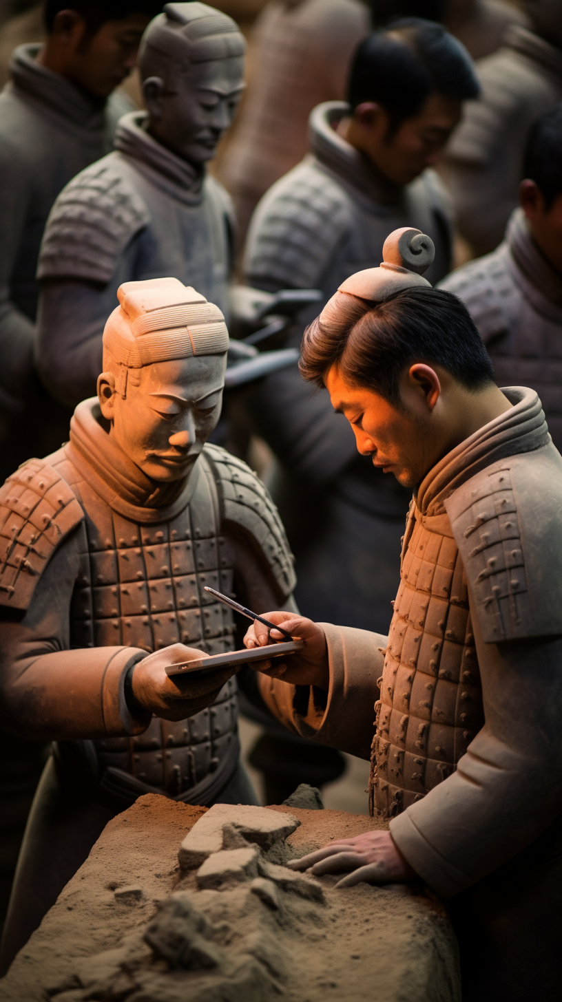 Terracotta warriors with electronic computers at archaeological site