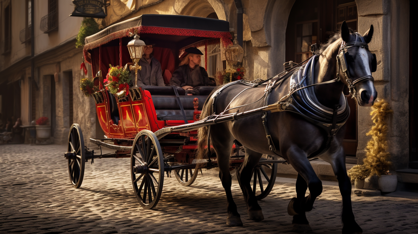 Elegant horse-drawn carriage in an ancient town