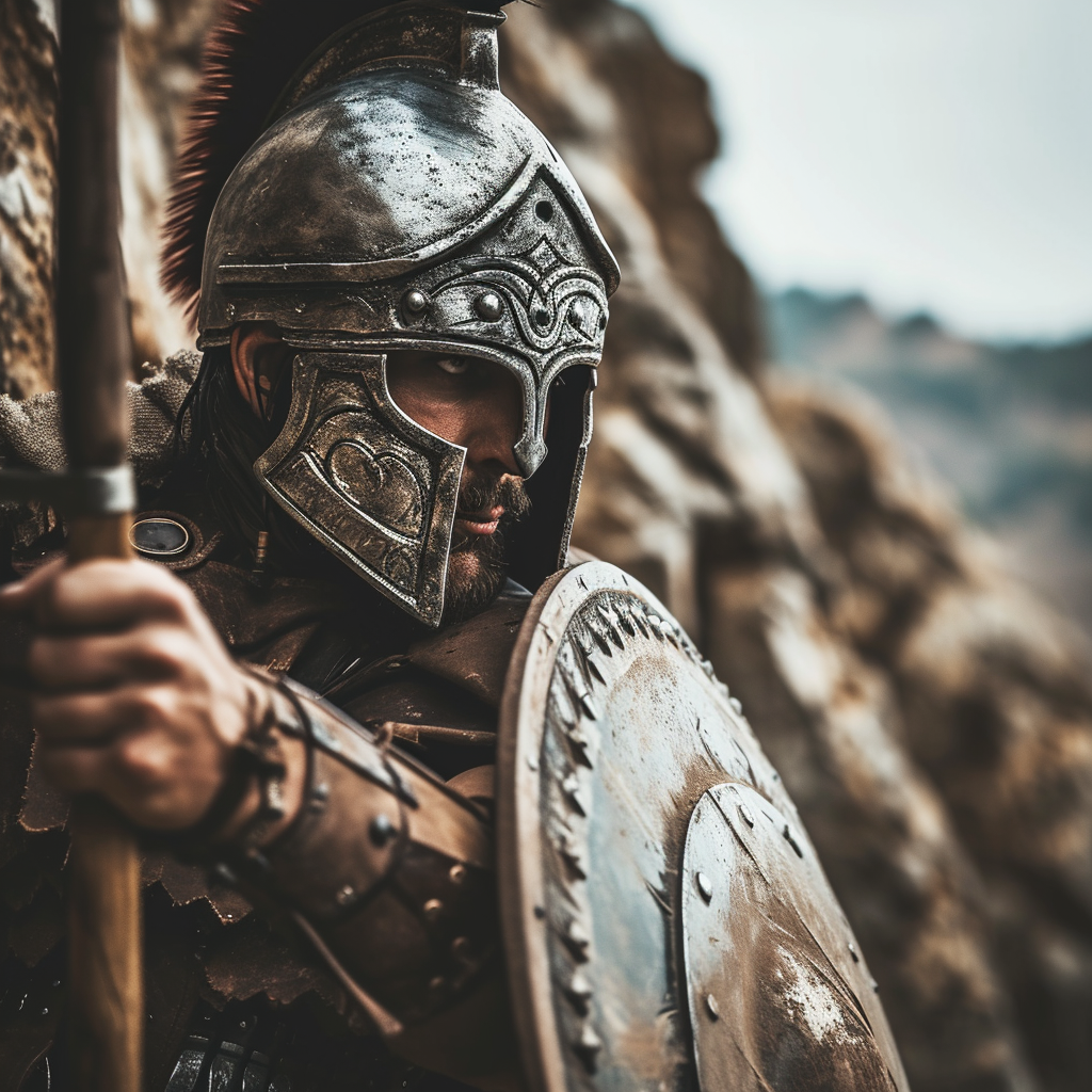 Fierce ancient warrior with sword and shield