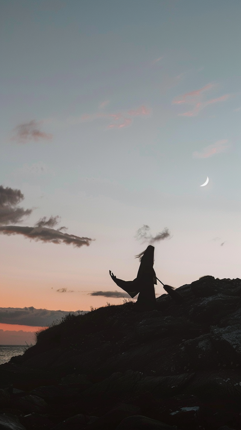 Ancient witch with broomstick observing horizon