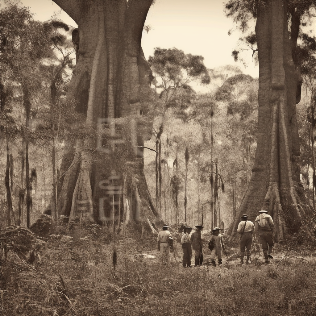 Sepia-toned photo of giants in field