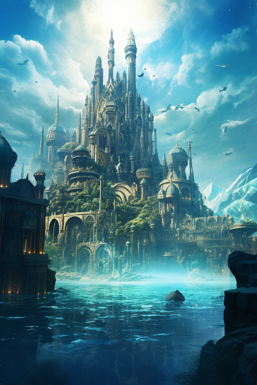 Ancient Atlantis city beneath the serene sea