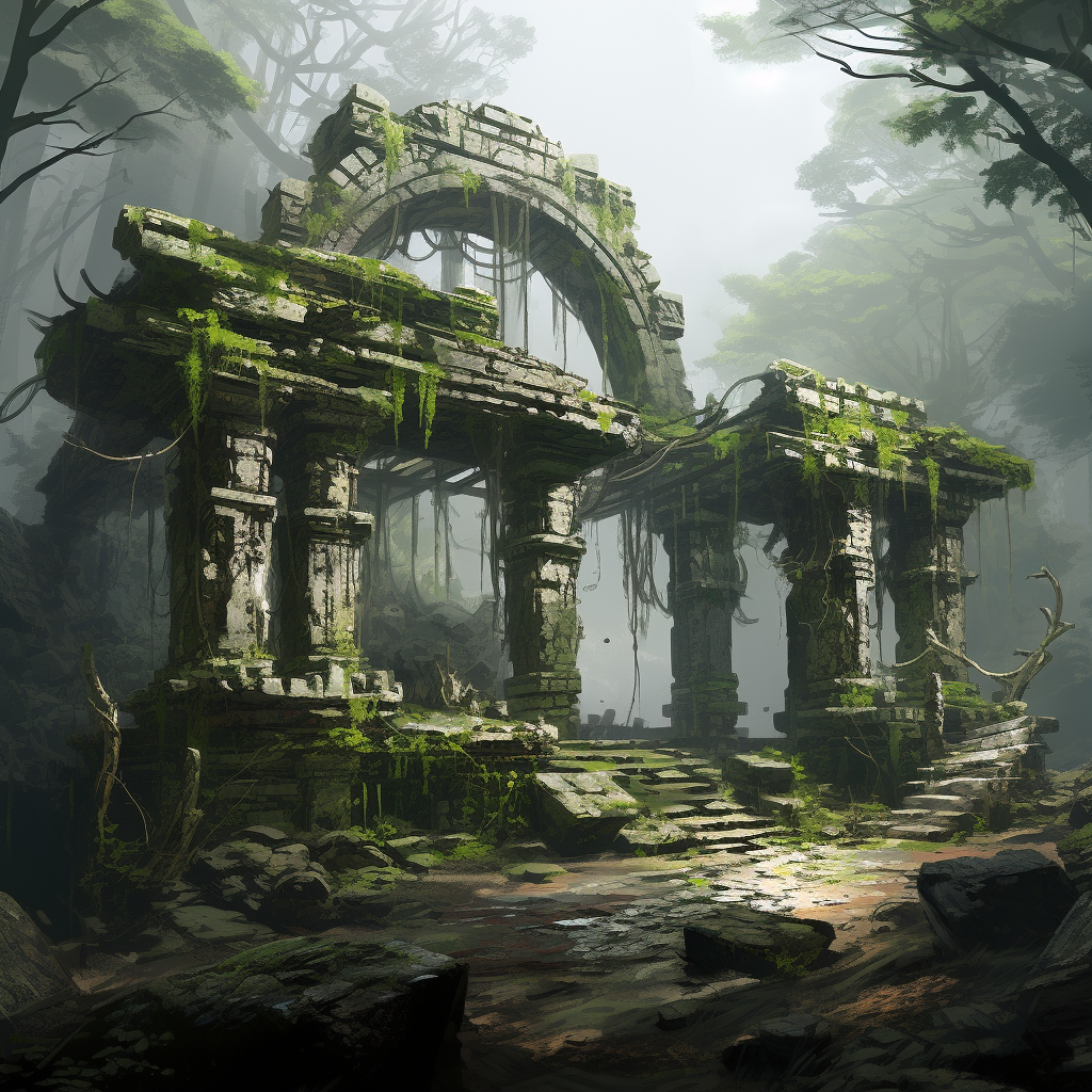 Ancient Chinese ruins in a mystical forest