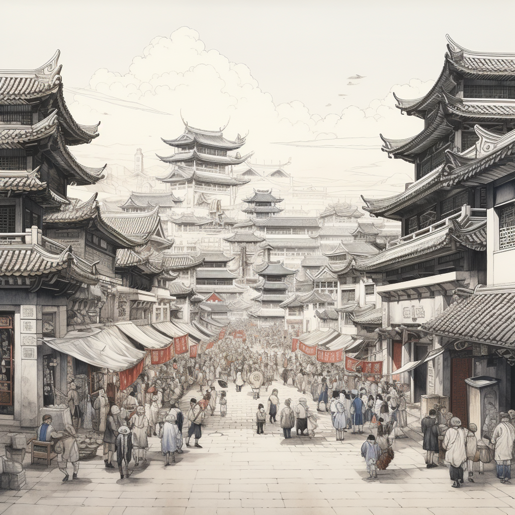 Illustration of Ancient Chinese Town with People