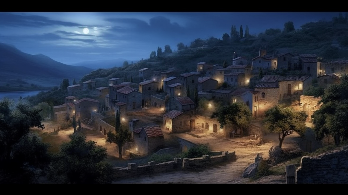 Serene moonlit ancient Greek village