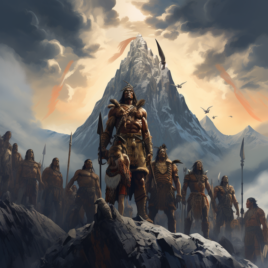 Group of Ancient Native American Warriors Conquering the Mountain