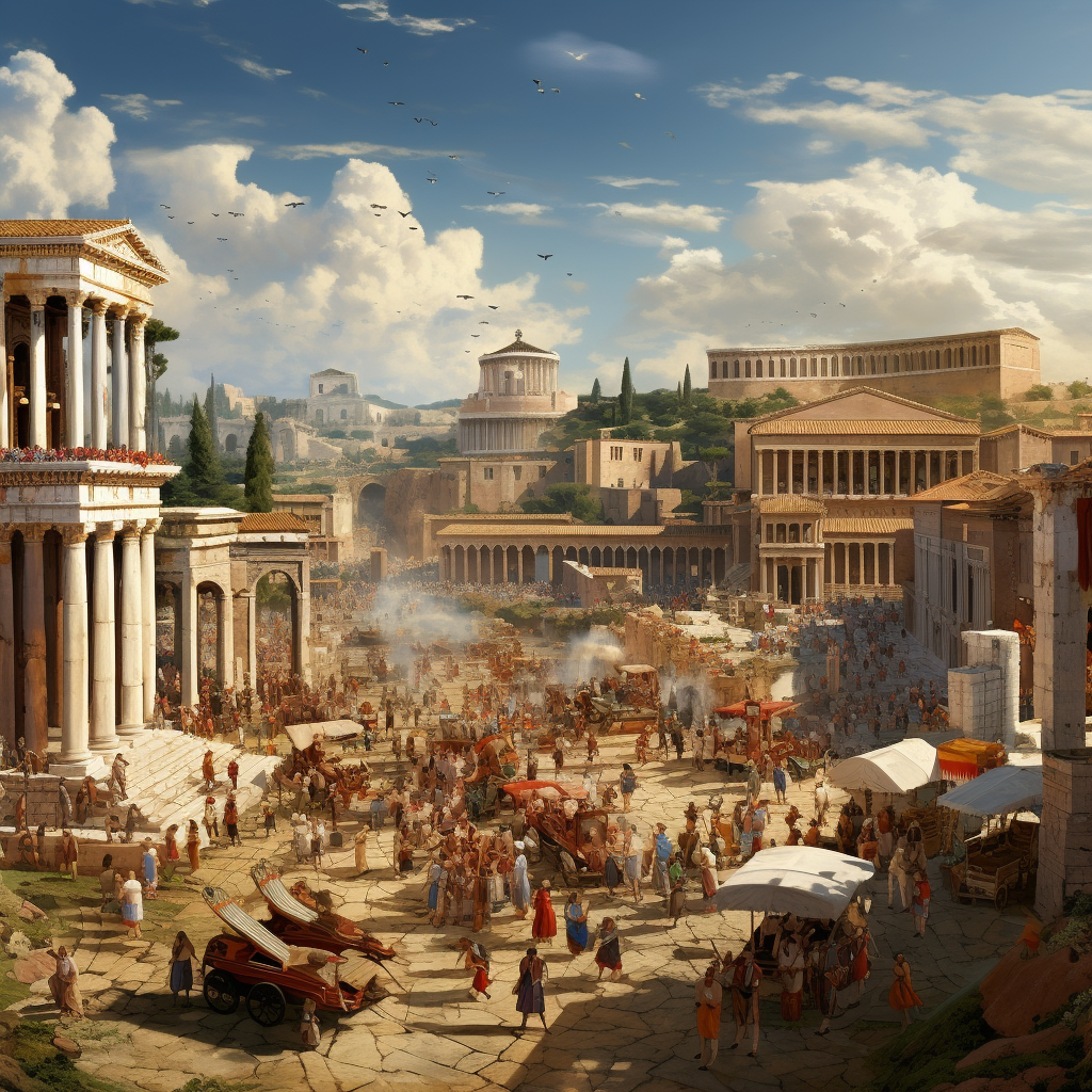 Realistic depiction of the bustling Ancient Roman Forum