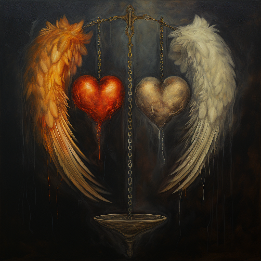 Ancient scales with feather and heart artwork