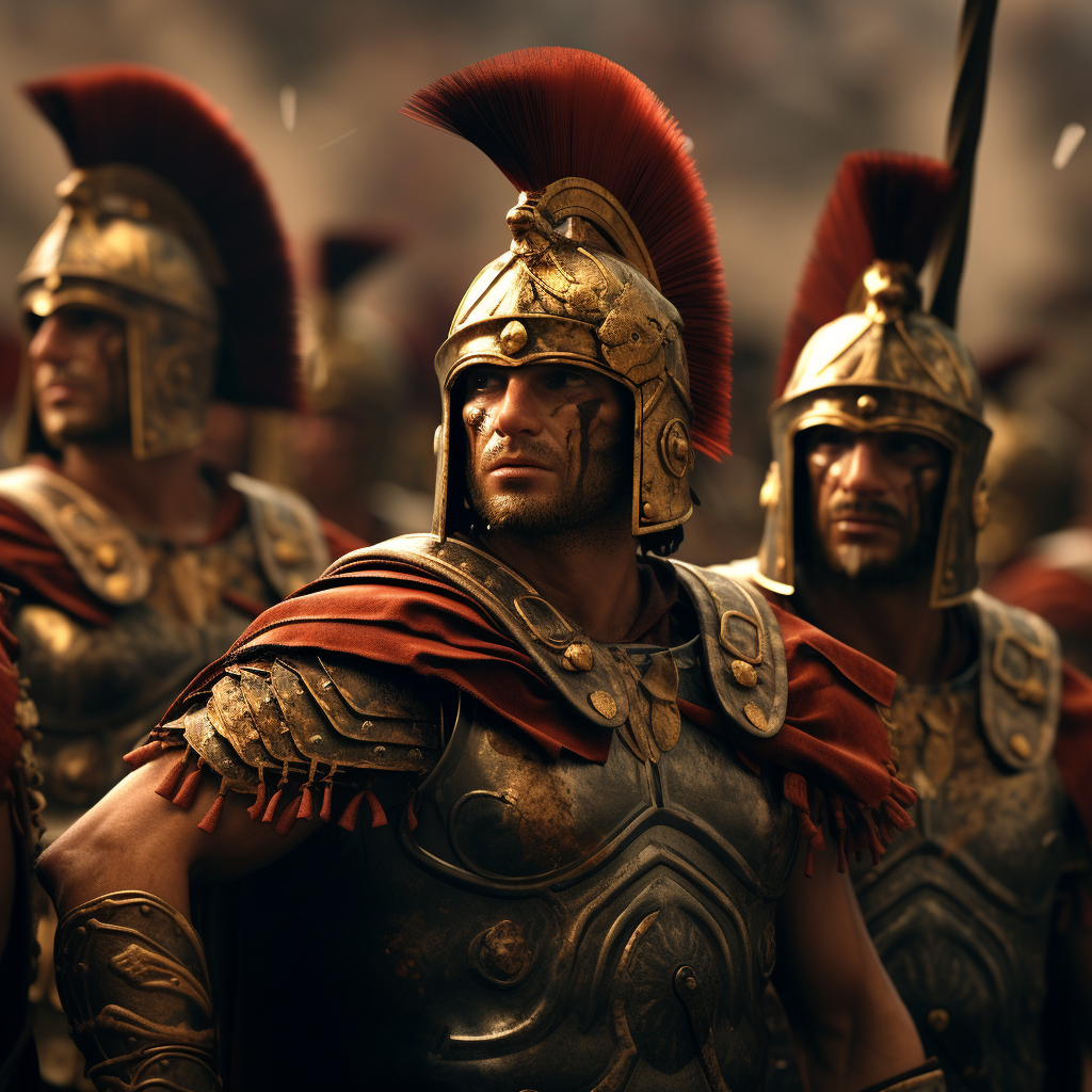 A group of ancient soldiers standing in a row with a surprised soldier