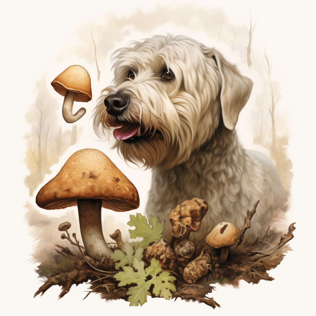 Andalusian wine dog smelling mushroom