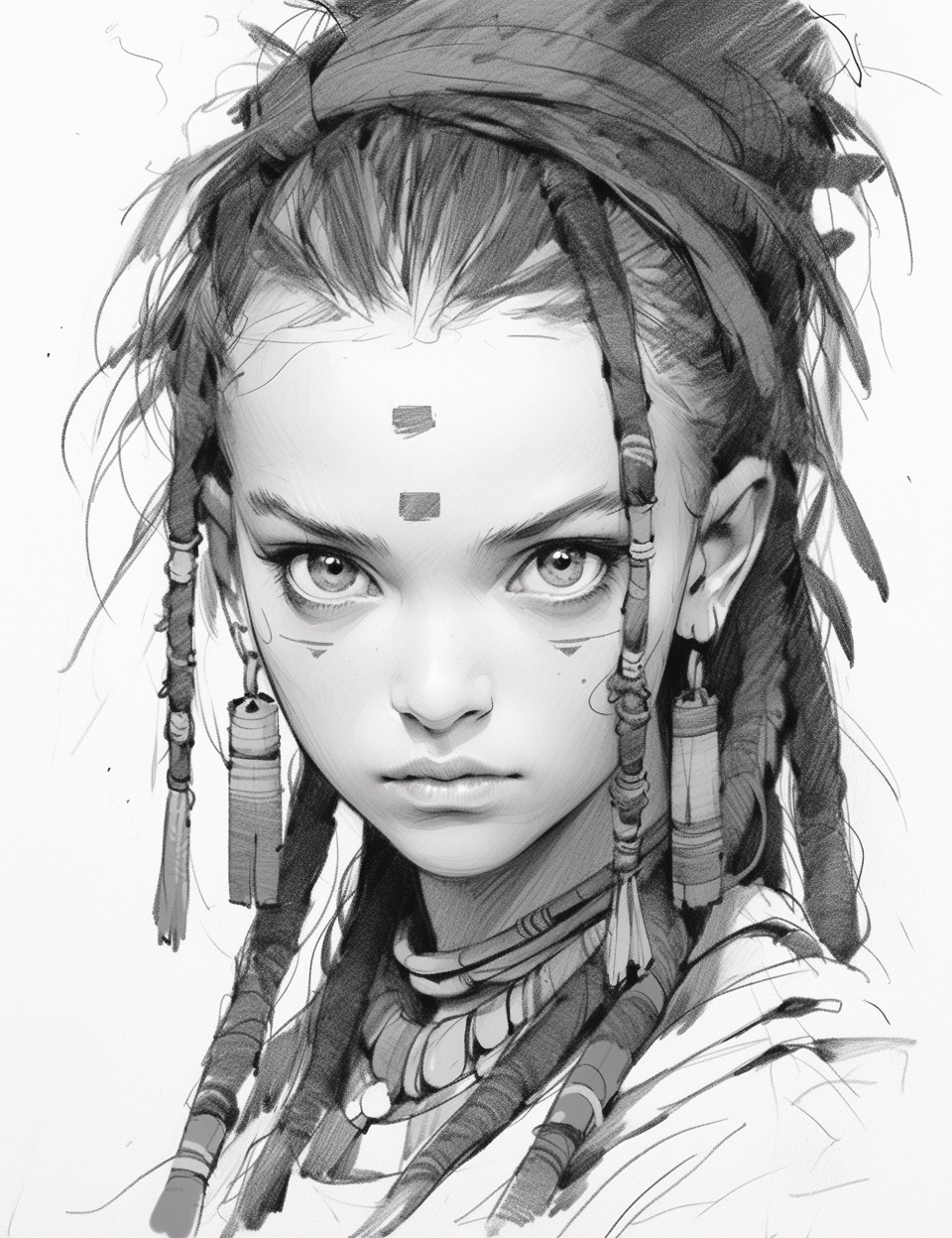 Stunning black and white sketch art of an Andean Inca princess