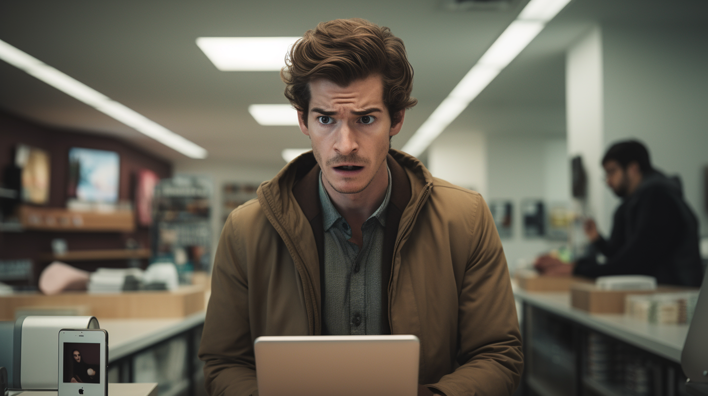 Andrew Garfield gazes at smartphone store desk