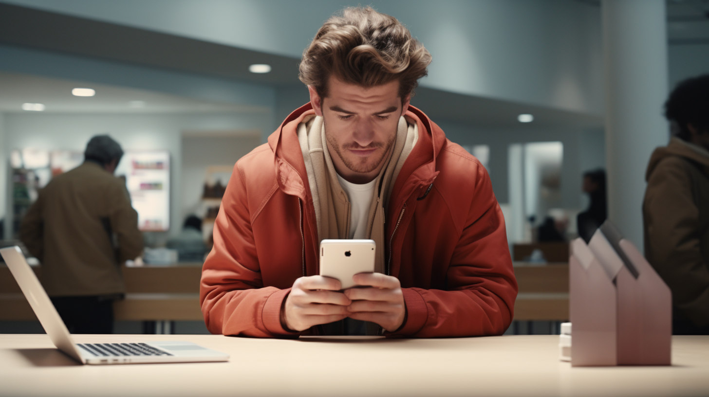 Andrew Garfield in smartphone store