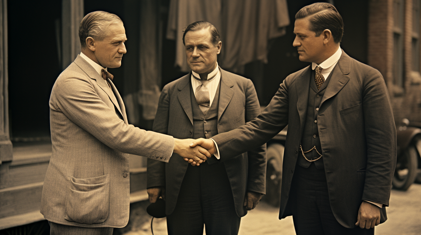 Andrew Johnson shaking hands in European Classicism style