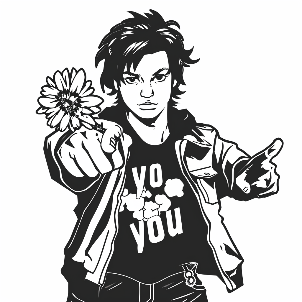 Androgyne student with flower pointing finger, black and white