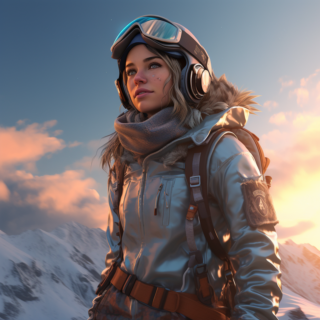 Androgynous Female Snowboarder on Snowy Mountain at Sunset