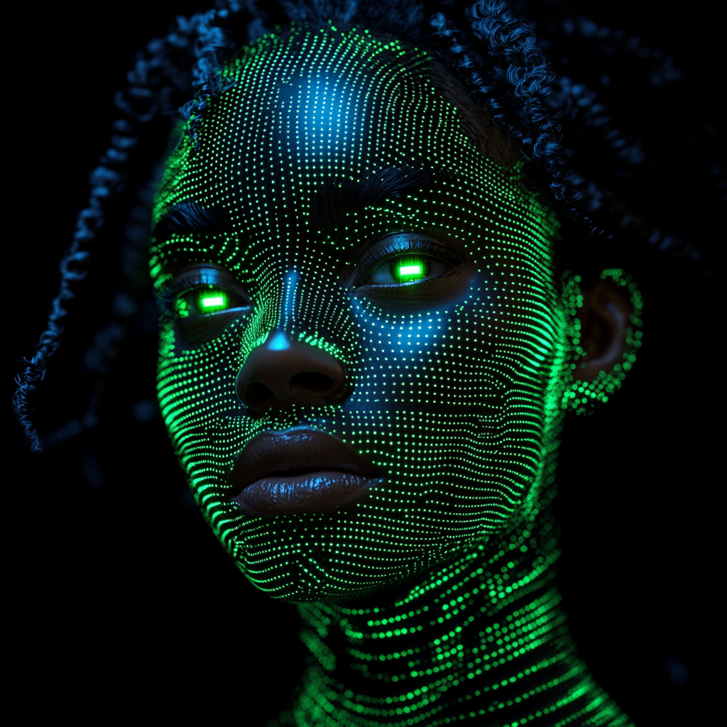 Green-eyed holographic figure