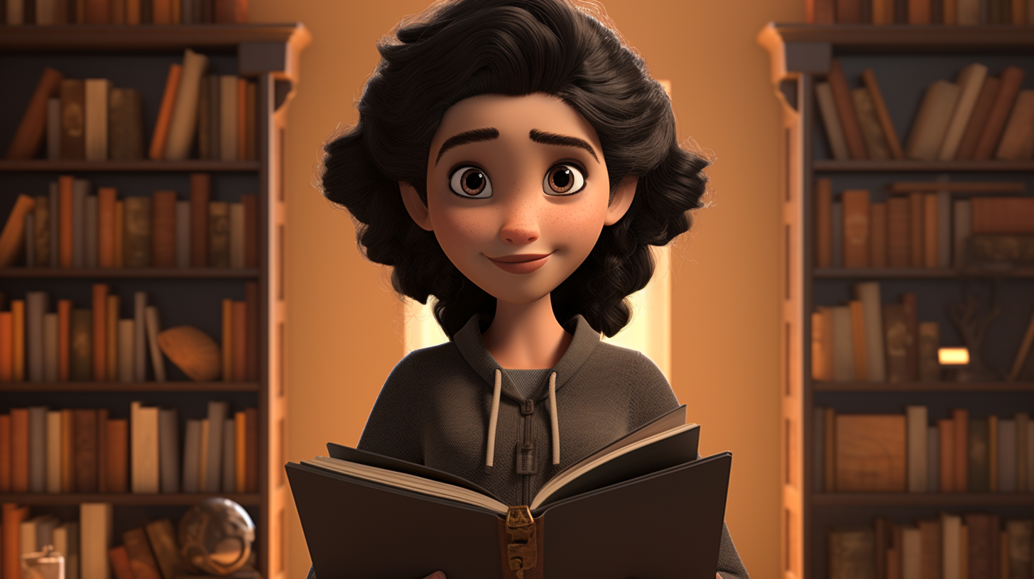 Androgynous female character holding books