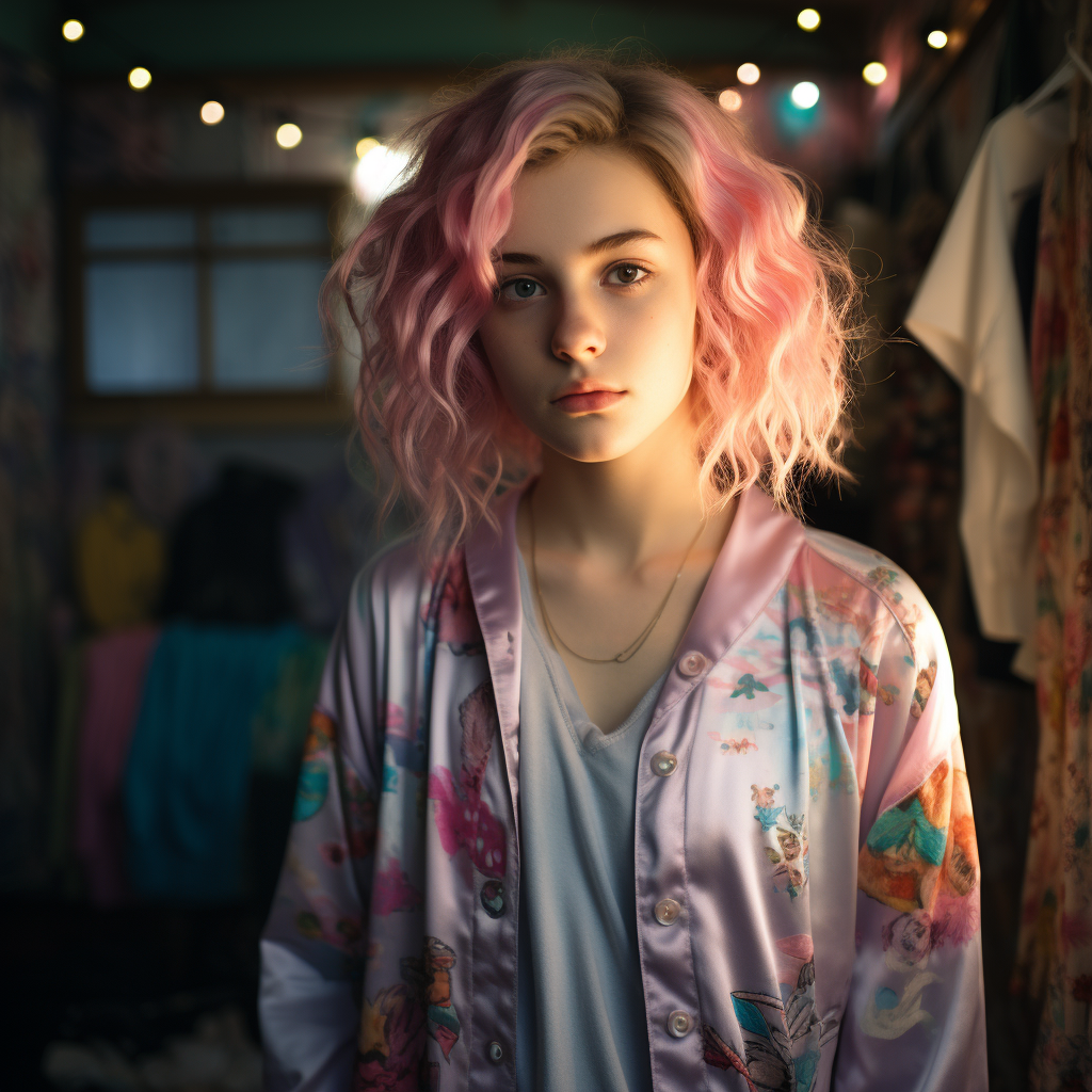 Androgynous Model with Rainbow Hair in Nighties Pose