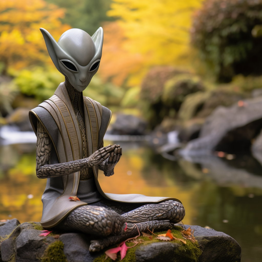 Android Bishop sitting in Japanese Garden