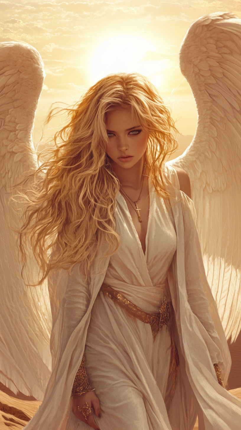 angel bad girl with long white wings, desert sun