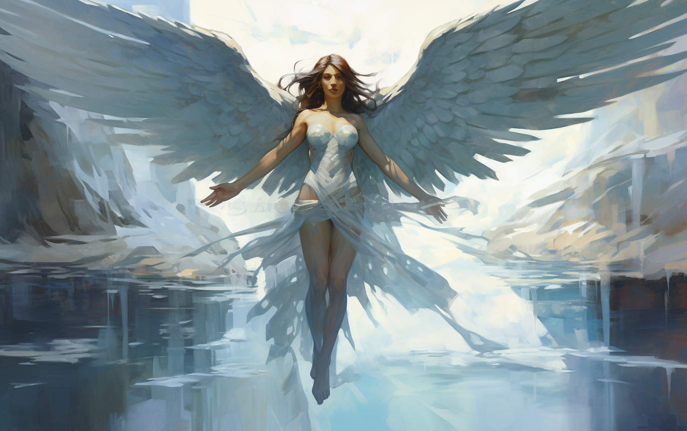 Serene angel flying above icy lake