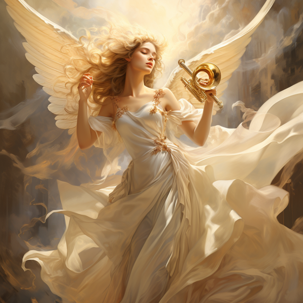 Female angel of light blowing trumpet