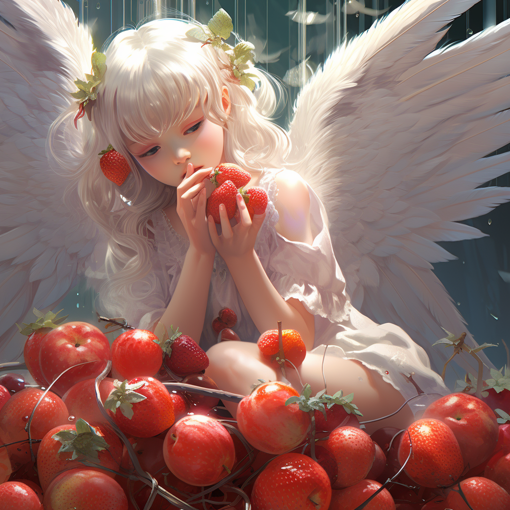 Little girl with wings eating lychee fruit