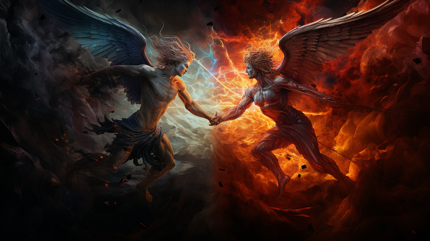 Angel Michael battling Lucifer's darkness