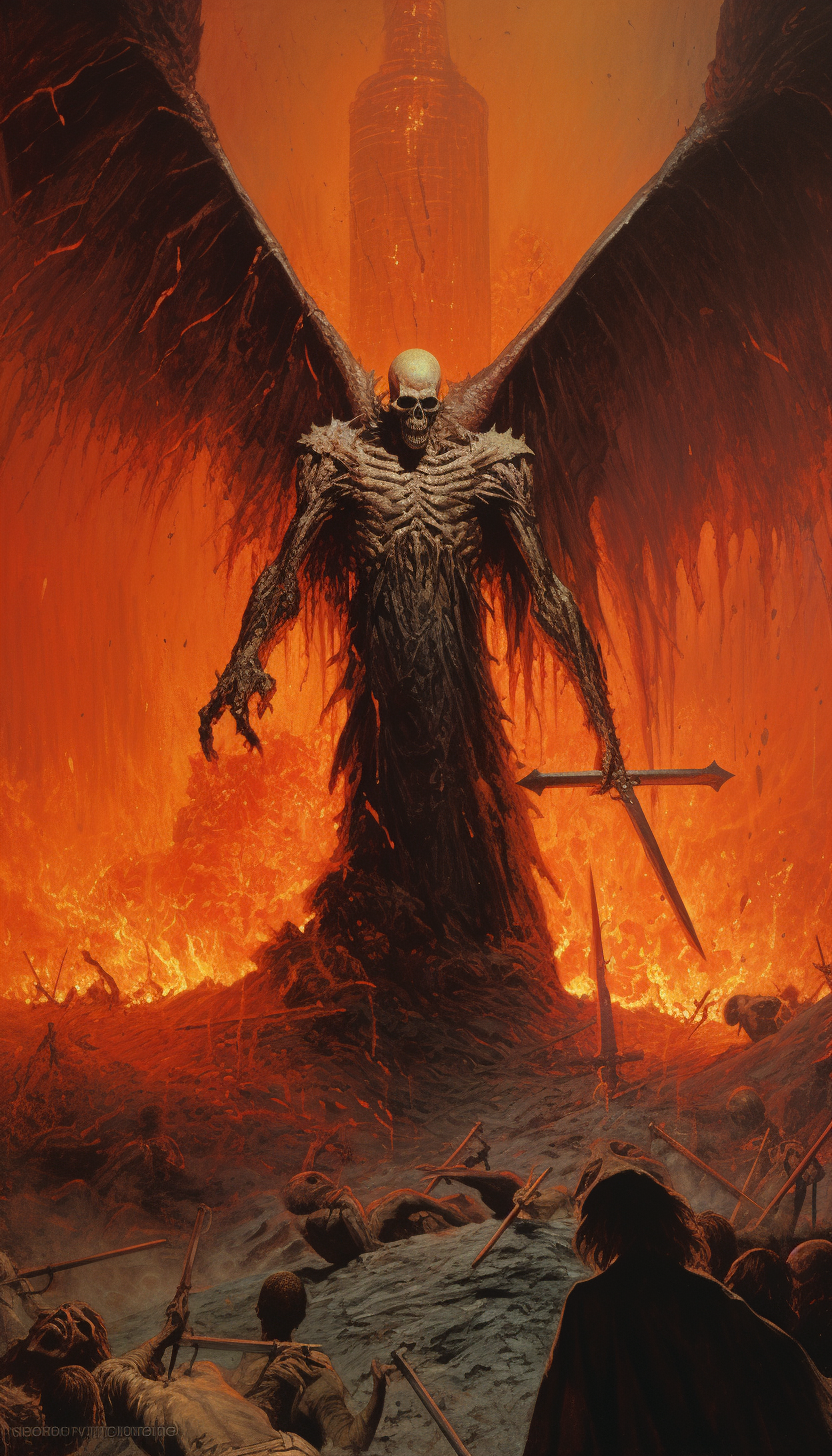 Illustration of the powerful angel of death charging into hell