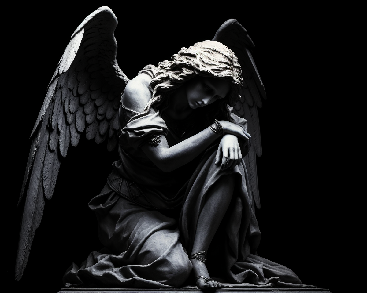 Black and white angel sculpture kneeling side