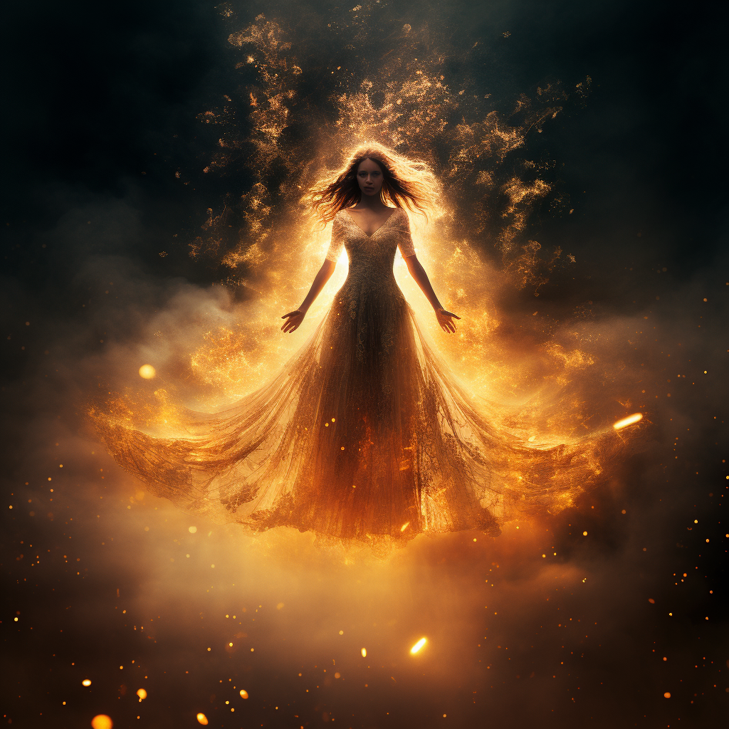 Angelic figure ascending in sky with fiery dress