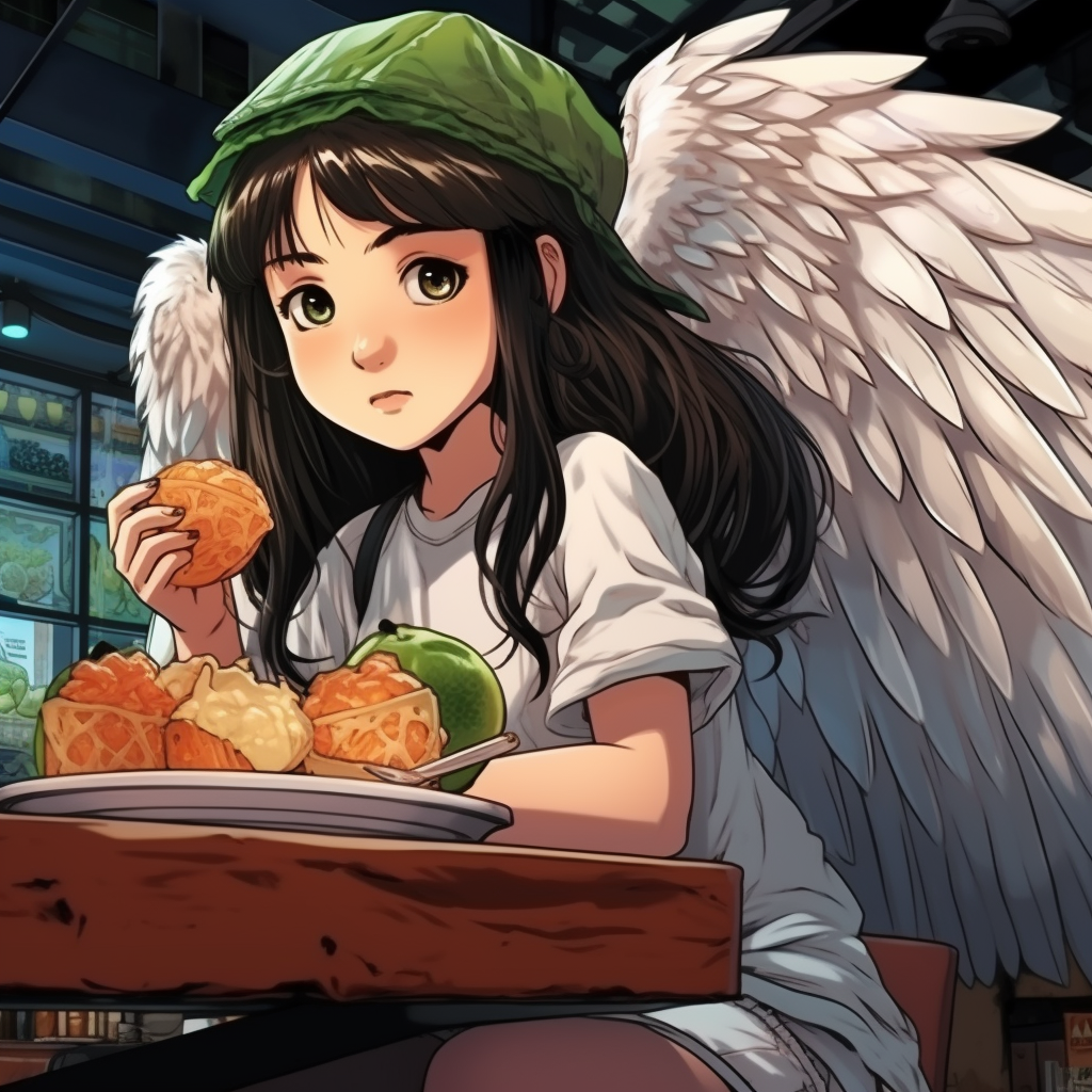 Adorable girl with wings enjoying soursop fruit