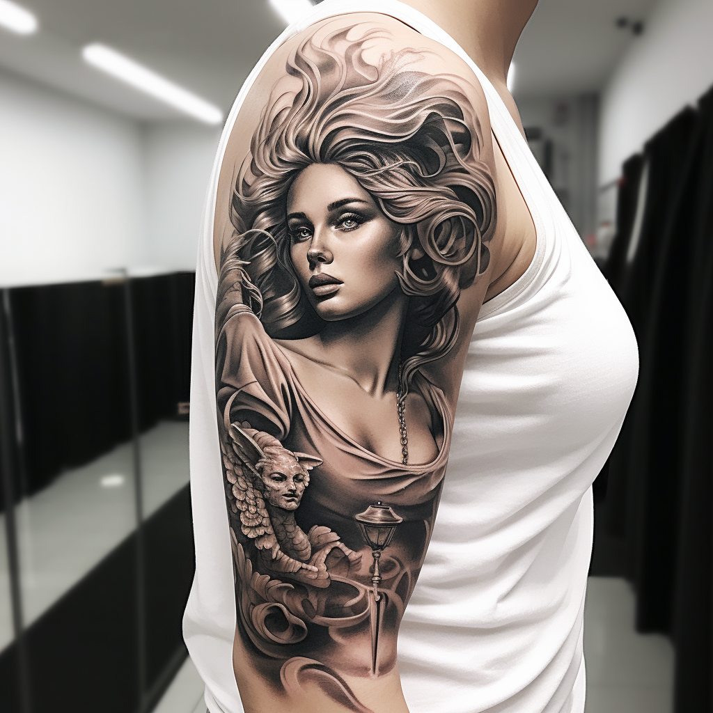 Angel Tattoo with Curly Hair and Strong Light