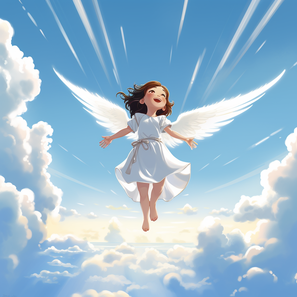 Mature cartoon angel floating in the sky