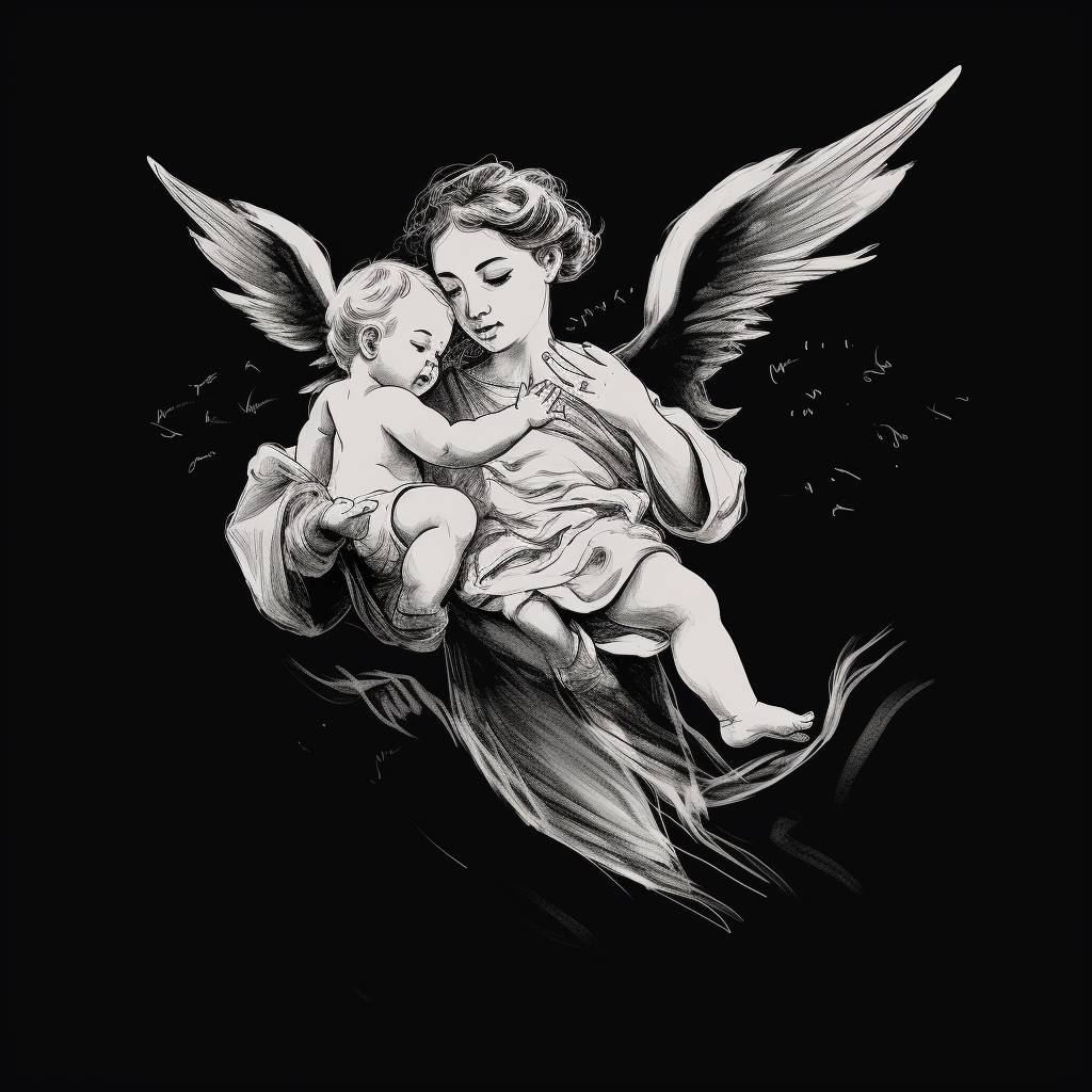 Sketch of angel holding baby flying