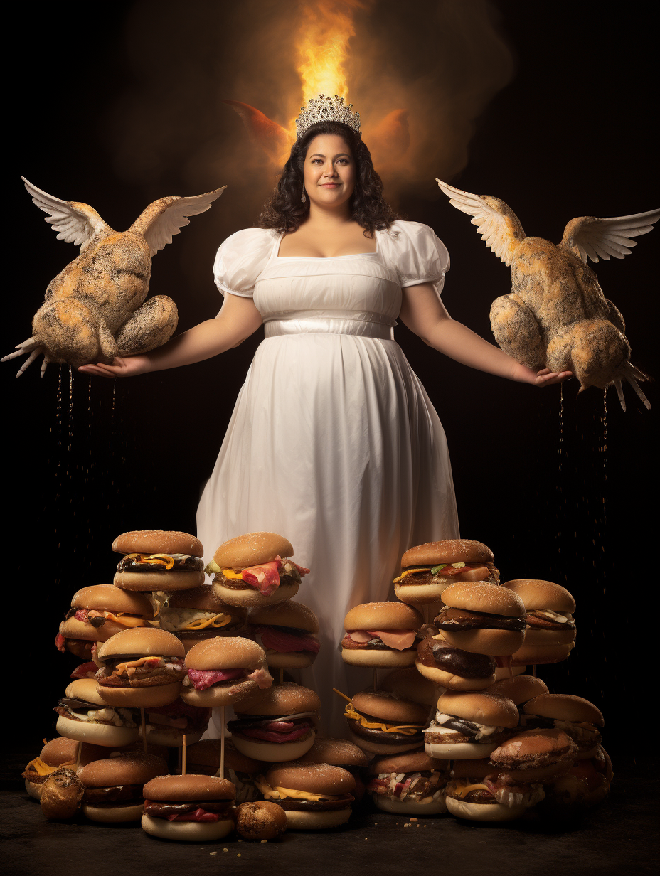 Spanish Chubby Lady as the Angel of Burgers