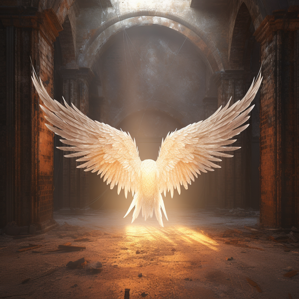 Beautiful angel wings with glowing light in an old castle