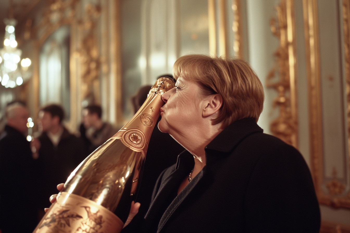 Angela Merkel kissing champagne bottle