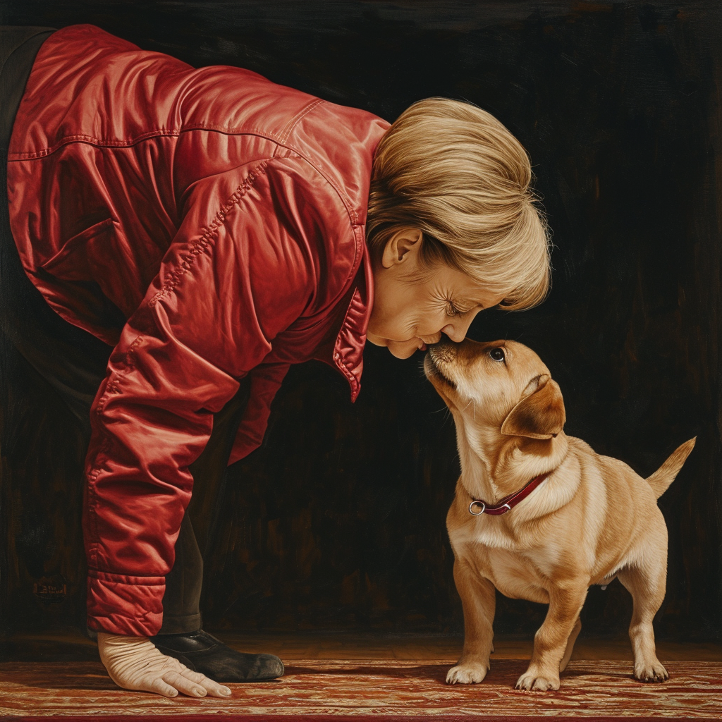 Angela Merkel handstand kissing puppy