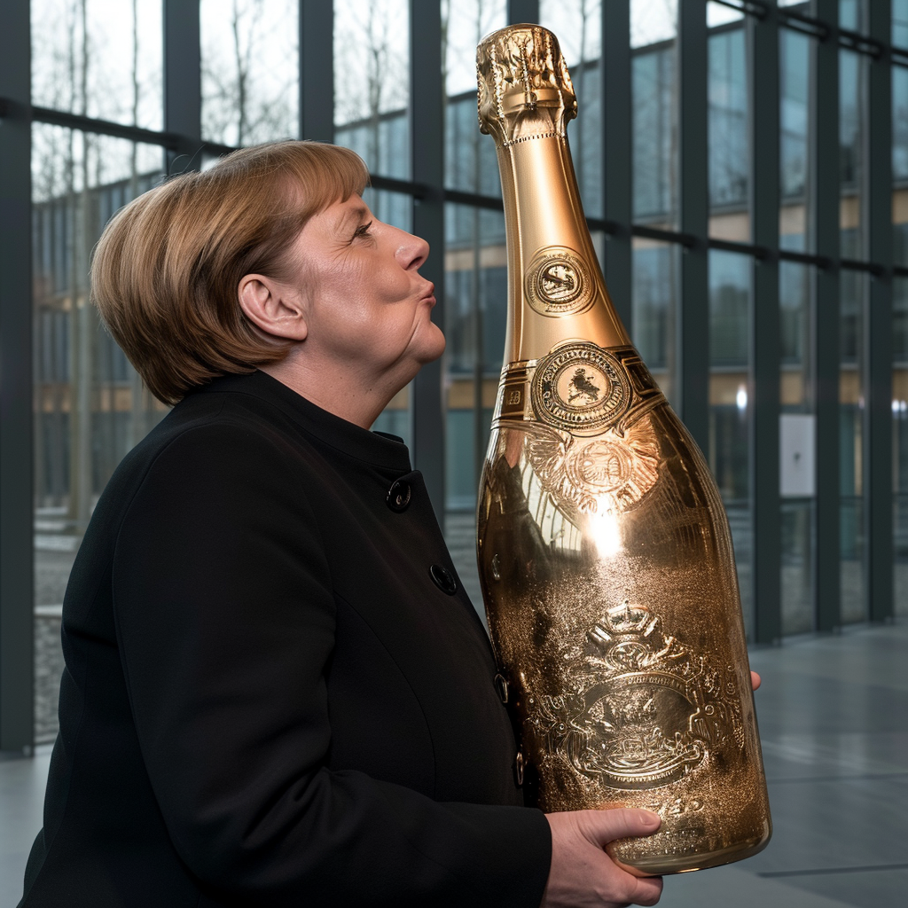 Angela Merkel kissing giant champagne bottle